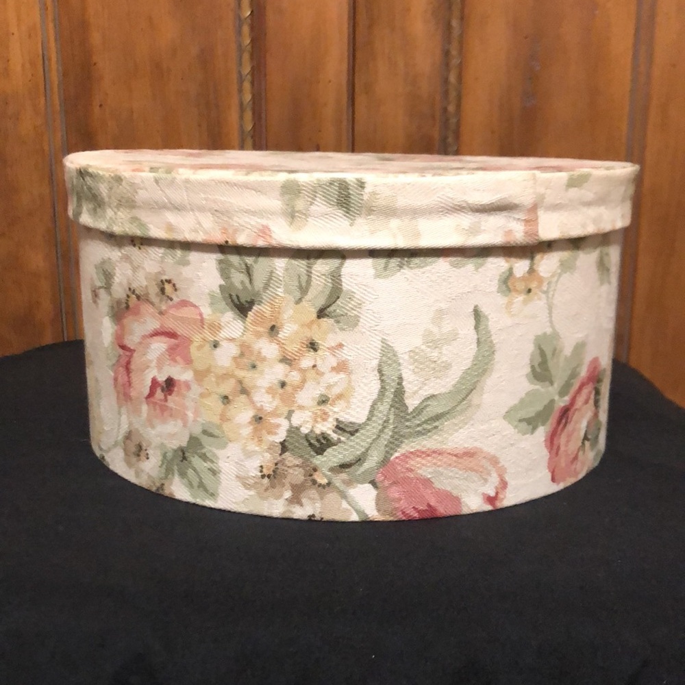 Vintage Hat Box, Floral with shades of pink. Solid pink inside. Lace trim.